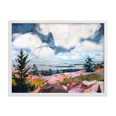 a painting of clouds and trees on a white wall above the ocean with blue sky