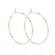 Delicate hoop earrings adorned with genuine Miyuki Delica beads from Japan. Offering a 1.5" drop makes these earrings perfect for just about any desired vibe! And the best part is the fun colors to choose from! Brass PLATED Miyuki Delica Beads from Japan, Assembled in China Hypoallergenic Adjustable White Beaded Earrings, Hypoallergenic White Beaded Earrings For Everyday, White Round Bead Earrings For Everyday, Nickel Free White Circle Hoop Earrings, Adjustable White Hoop Earrings With Ear Wire, Adjustable Nickel-free White Hoop Earrings, Adjustable White Nickel Free Hoop Earrings, White Hoop Jewelry For Summer, White Hypoallergenic Hoop Earrings