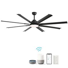 a ceiling fan with remote controls and an appliance connected to the light fixture