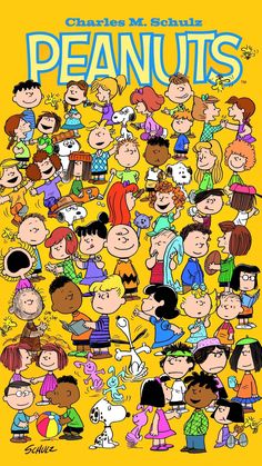 the peanuts movie poster is shown with many different characters and their names in blue on yellow