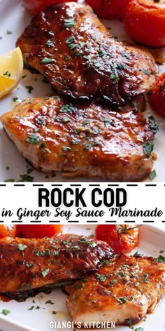 two pictures of meat and tomatoes on a plate with the title rock god in ginger soy sauce marinade