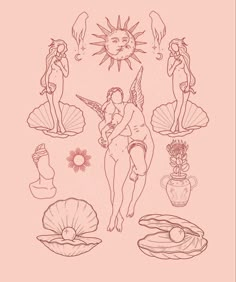 an image of the sun and other things in pink ink on a light pink background