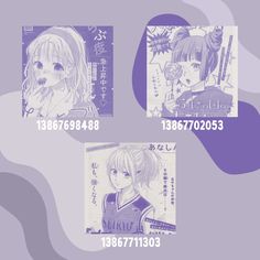 four different anime characters are depicted in purple and white paper with the same character on them