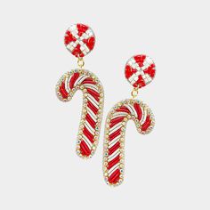 Seed Beaded Earrings Christmas Holiday Candy Cane Felt Back 3" L Red White Bead Candy Cane, Christmas Fruits, Christmas Party Earrings, Seed Beaded Earrings, Christmas Decor Ideas 2023, Beads Candy, Christmas Jewellery, Beadwork Ideas, Peppermint Sticks