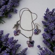 18-in silver necklace chain with purple glass Crystal butterfly charm with matching earrings Elegant Purple Butterfly Necklace Gift, Elegant Purple Butterfly Necklace For Gift, Silver Butterfly Necklace Gift For Her, Silver Butterfly Necklace For Her, Silver Butterfly Necklace As A Gift For Her, Lavender Butterfly, Glass Butterfly, Butterfly Charm, Butterfly Necklace