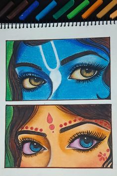 two drawings of eyes with different colors and shapes on paper next to colored crayons