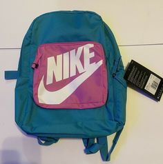 NWT Nike Classic Kids' Backpack Retro Style Turquoise Blue & Pink School Bag New. Blue Sporty Backpack For School, Sporty Blue Backpack For Sports, Pink Nike Backpack For School, Nike Mini Backpack, Nike Pink Backpack For Travel, Pink School Bag, Nike Sports Bag, Blue Nike Backpack, Pink School Bags