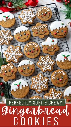 gingerbread cookies on a cooling rack with the words perfectly soft and chewy in front of them