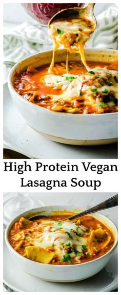 two pictures showing how to make high protein vegan lasagna soup