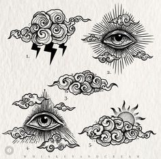 four different types of clouds and an all seeing eye