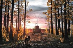 a dog standing in the middle of a forest next to a tall tower with a spiral design on it