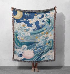 🌿 Whimsical Moon and Ocean Woven Blanket - Cozy Throw with Waves, Stars, and Cute Character for Unique Home Decor 🌿 This whimsical woven blanket features a dreamy design of ocean waves under a moonlit sky, adorned with stars and a playful, smiling character. Perfect for adding a touch of magic and charm to your home, this soft, fringed throw is both functional and decorative. A great gift for anyone who loves imaginative and unique designs. 🌟 Product Specifications 🌟 - Material: 100% cotton for exceptional softness and durability - Size Options: Three sizes, including 80" x 60"--perfect for couches, beds, or a cozy reading nook - Design: High-quality woven artwork that maintains vibrant colors and intricate details - Weight: Lightweight yet warm, suitable for all seasons - Made in the Moon And Ocean, Weave Artwork, Whimsical Moon, Amazing Graphic Design, Blanket Wall, Dreamy Design, Moonlit Sky, Tapestry Woven, Tapestry Blanket