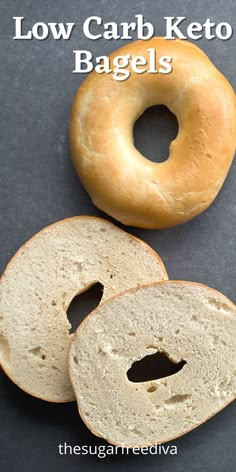 two bagels sitting next to each other with the words low carb keto bagels