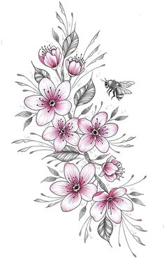 a drawing of flowers and a bee on a white paper with watercolor pencils