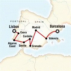 the route map for spain and portugal with its major cities, towns, and rivers