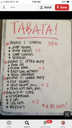 a white board with writing on it that says tabata in red and black letters