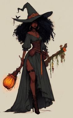 a woman dressed as a witch holding a broom and a pumpkin in her right hand