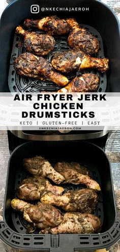 two air fryers with chicken on them and the words air fryer jek drumsticks