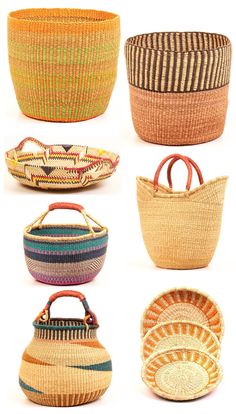 several baskets are shown in different colors and sizes