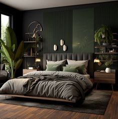 These basement bedroom ideas will challenge the usual expectations and uncover the possibilities lying beneath your feet. From cozy retreats to modern studios, discover how your basement can become a stylish and functional extension of your living space. Modern Dark Green Bedroom, Bold Bedroom Design, Black And Green Modern Bedroom, Black And Wood Room Aesthetic, Green Bed Decor Ideas, Olive Black Bedroom, Dark And Wood Bedroom, Black And Wood Bedroom Decor, Dark Bedroom Green