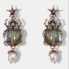 Gorgeous Scarab Beetle Earrings. These Unusual Beauties Have All The Details, Look Close And See The Tiny Skull Heads, Rhinestones & Pearls Suspended From Little Stars And Finished Finished With Pearl Dangles Absolutely Stunning Insects Earrings With Pear In Antique Gold. Drop Earrings Shines Stunning In The Sun Lightweight Unique And Stylish See Measurements On The Photo Only 5 Stars Review Egyptian Scarab Beetle, Beetle Earrings, Vintage Vacation, Egyptian Scarab, Earrings Classic, Scarab Beetle, Hot Miami Styles, Love Culture, Anthropologie Jewelry