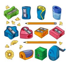 various objects are grouped together in the shape of a circle, including pencils and eraseers