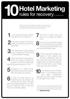 a black and white poster with the words hotel marketing rules for recovery written on it