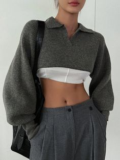 Solid Raglan Sleeve Crop Sweater Without Tube Top Grey Casual  Long Sleeve Fabric Plain Pullovers Slight Stretch  Women Clothing, size features are:Bust: ,Length: ,Sleeve Length: Extreme Cropped Sweater, Crop Top Manga Larga, Sleeve Crop Sweater, Tomboy Femme, 75 Hard, Crop Pullover, College Fits, Grey Crop Top, Outfit Inspo Casual