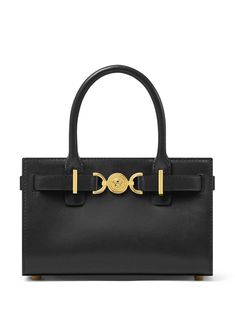 black calf leather magnetic fastening two rolled top handles detachable shoulder strap strap detailing Medusa Head motif metal feet logo print to the rear main compartment internal slip pocket internal logo stamp Versace Bag, Versace Gold, Black Leather Tote Bag, Versace Bags, Mini Tote Bag, Leather Handbags Tote, Dolce E Gabbana, Medium Tote, Small Tote