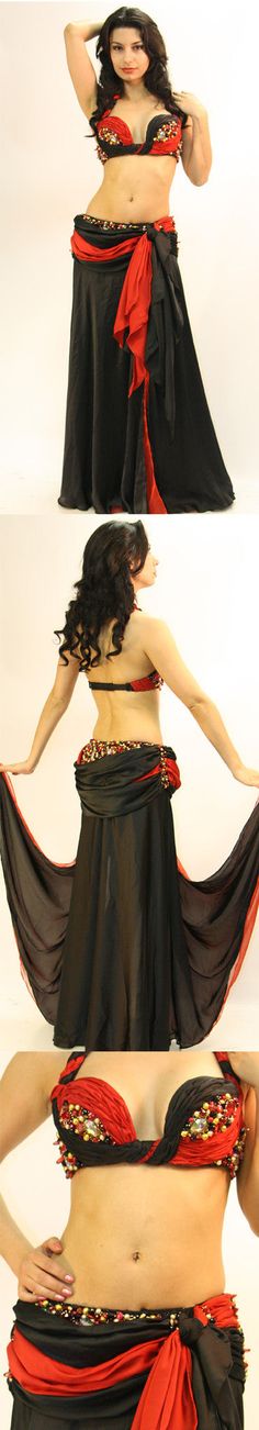 three different pictures of a woman in black and red clothing with her hands on her hips