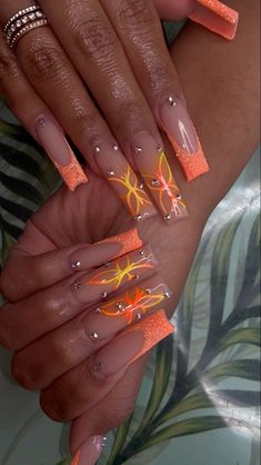 Orang Nails Ideas, Orange Inspired Nails, Yellow Nail Inspiration, Leo Acrylic Nails, Yellow Acrylic Nails Designs, Trendy Nail Designs Unique, Orange Design Nails, Orange Trendy Nails, Nails Acrylic Orange