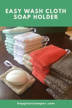 towels and scrub pads on a table with the words easy wash cloth soap holder