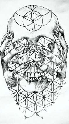 a black and white drawing of a skull with two hands on it's face