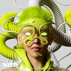 a woman with neon green hair and eye makeup