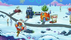 an animated game with many characters in the background and snow on the ground, including pineapples