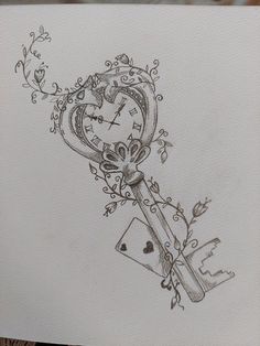 a drawing of a key with a clock on it's side and flowers in the middle