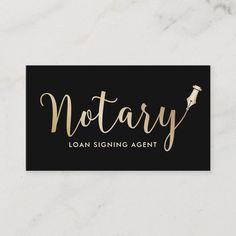 a black and gold business card with the word notary written in cursive writing