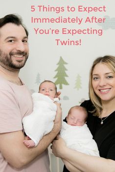 a man and woman holding their baby in front of a christmas tree wallpaper with the words 5 things to expect immediately after you're expecting twins