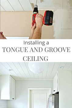 a man is installing a tongue and groute ceiling in his kitchen with the words, installing a tongue and groute ceiling ceiling