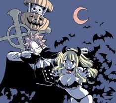 two cartoon characters dressed up as witches and demon with pumpkins on their heads, standing in front of a full moon