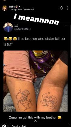 two people with matching tattoos on their legs, one is holding the other's arm