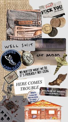 the collage shows different types of items and words on it, including cards, coins,