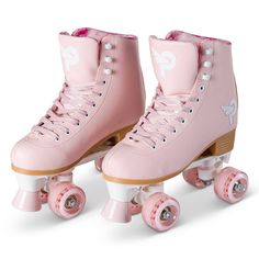 two pink roller skates with white wheels