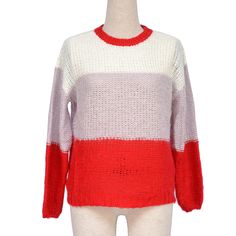 Red Colorblock Pullover Sweater Pink Crew Neck Sweater With Contrast Color, Pink Contrast Color Crew Neck Sweater, Red Sweater For Fall, Red Color Block Long Sleeve Sweater, Casual Red Patchwork Sweater, Red Color Block Sweater For Fall, Winter Sweaters, Pullover Sweater, Pullover Sweaters