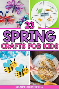 spring crafts for kids to make with paper plates and strawberries on the table, including bees