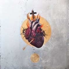 a painting of a heart and cross with flames coming out of the center, on a white background