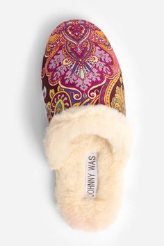 Carefully crafted for cozy comfort, the Sandalwood Pink Mule Slippers are elevated loungewear. Lined with ivory faux fur, these unique slippers are finished with vibrantly detailed jacquard at the toe for a bold accent. Pair with soft pajamas and a silk robe for an enjoyable evening in. Johnny Was Women's Sandalwood Pink Mule Slipper, Size 8, Silk Unique Slippers, Elevated Loungewear, Embroidered Slippers, Pink Mules, Soft Pajamas, Silk Robe, Embroidered Jeans, Comforters Cozy, Johnny Was