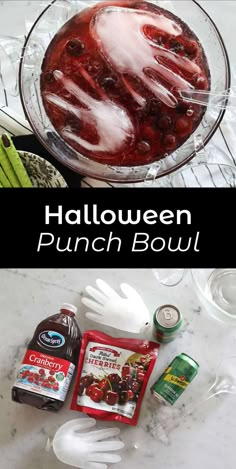 halloween punch bowl recipe with ingredients in the bottom and on the top, including ice cubes