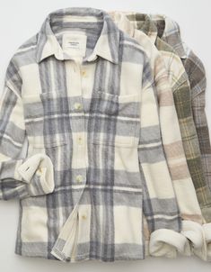 AE Fleece Plaid Shacket Everyday Collared Tops For Fall, Everyday Fall Tops With Pockets, Fall Everyday Tops With Pockets, Fall Button-up Tops For Layering, Fall Layering Button-up Tops, Classic Long Sleeve Outerwear For Layering, Winter Layering Collared Tops, Collared Tops For Winter Layering, Collared Tops For Layering In Winter