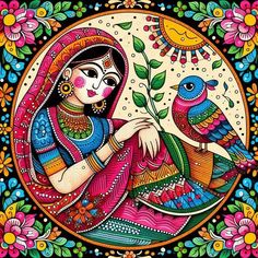 Madhubani Drawing Indian Paintings, Madhubani Art Design, Madhubani Paintings Traditional, Radha Krishna Madhubani Painting, Indian Folk Art Painting, Traditional Madhubani Art, Folk Drawing, Microsoft Copilot, Heritage Art